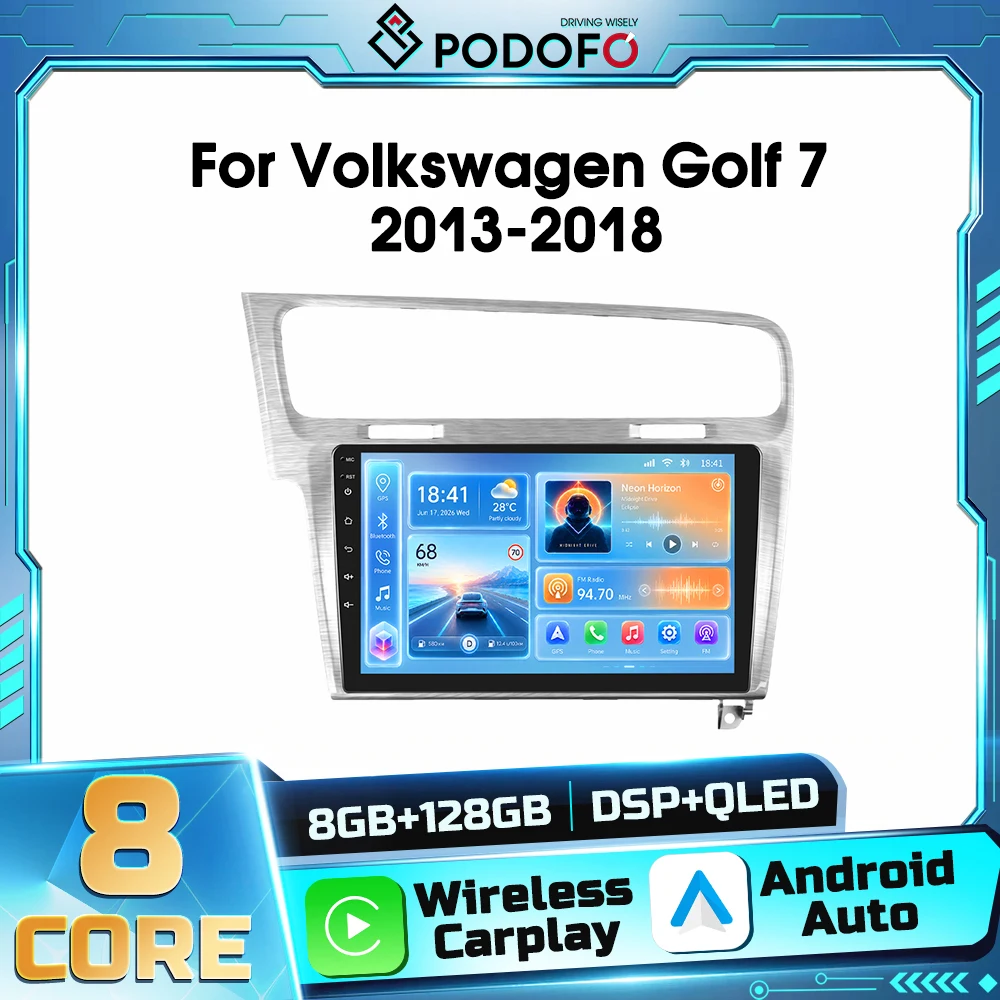Autoradio Android 2DIN Podofo 8 Core per Volkswagen Golf 7 2013-2018 con Bluetooth, FM, RDS, Ricevitore, Carplay Wireless, Android Auto, Navigazione GPS, WIFI, DSP