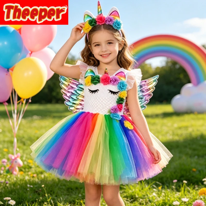 

Colorful Flower Decorated Unicorn Gown with Fairy Wings and Horn,perfect for Themed Masquerades,stage Shows and Festive Dress-up