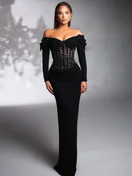 Crystal Off Shoulder Velvet Black Maxi Long Dress 2024 Elegant Party Evening Stage Performance Vestido prom cocktail dresses