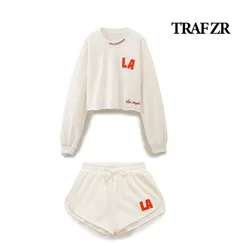 TRAF ZR Women Two Peice Sets COTTON Short Sets Cropped Tops Strechy Waist Shorts with Drawstring 2 Piece Clothes Woman