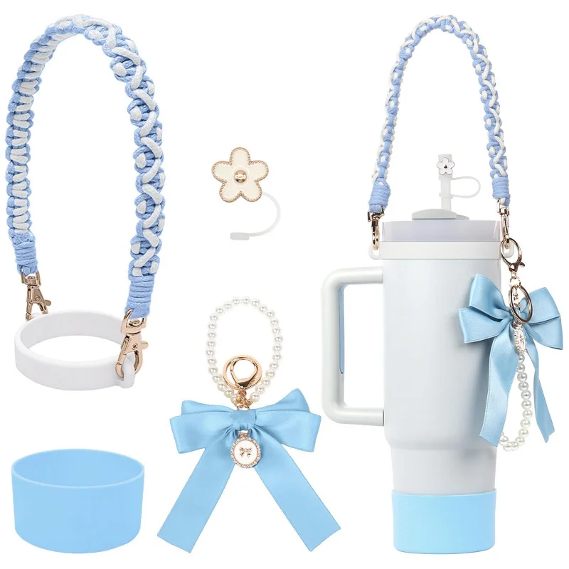 

Korean Style Flower Straw Topper Keychain Set with Bow, Pearl Chain & Wrist Strap for Tumbler Cup Decor