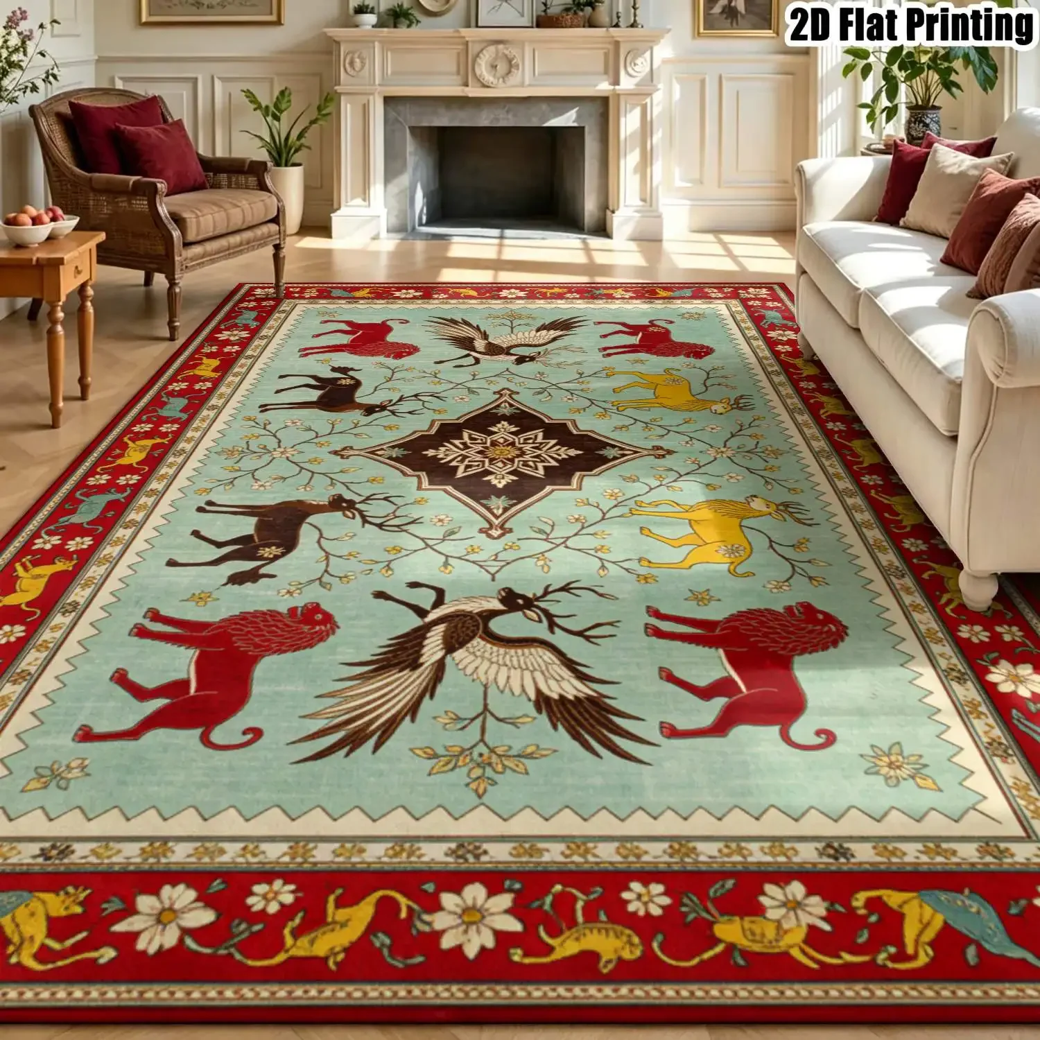 1Pc 2D Printed Carpet: Blue Animal & Floral Patterns, Vintage European Bohemian Style, Home Decor, Machine Washable, Multi-Size,