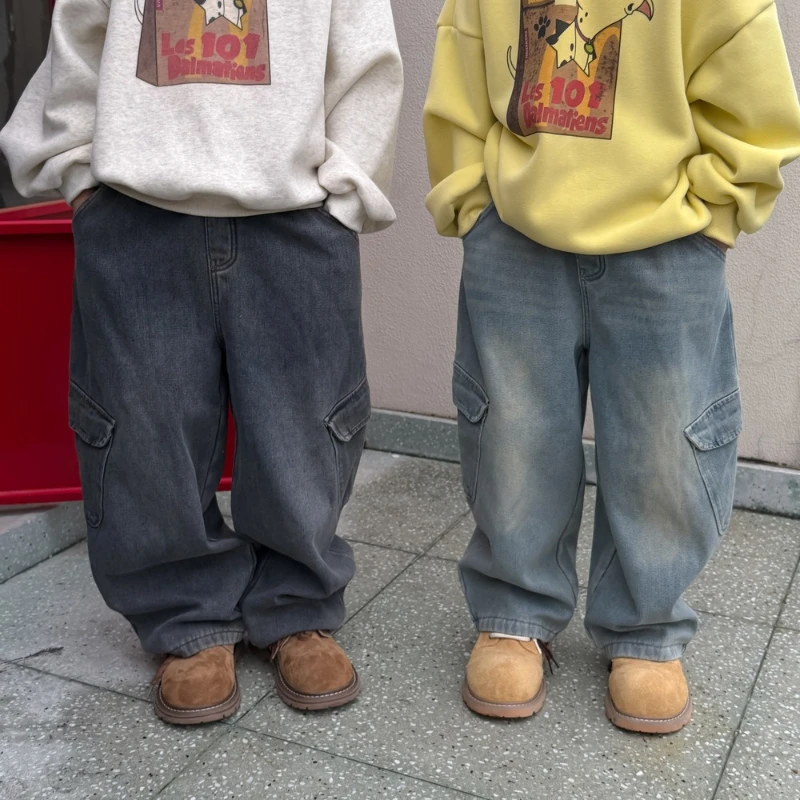 

2025 Winter Children's Hot Selling New Collection with Velvet and Thick Pocket Denim Work Pants
