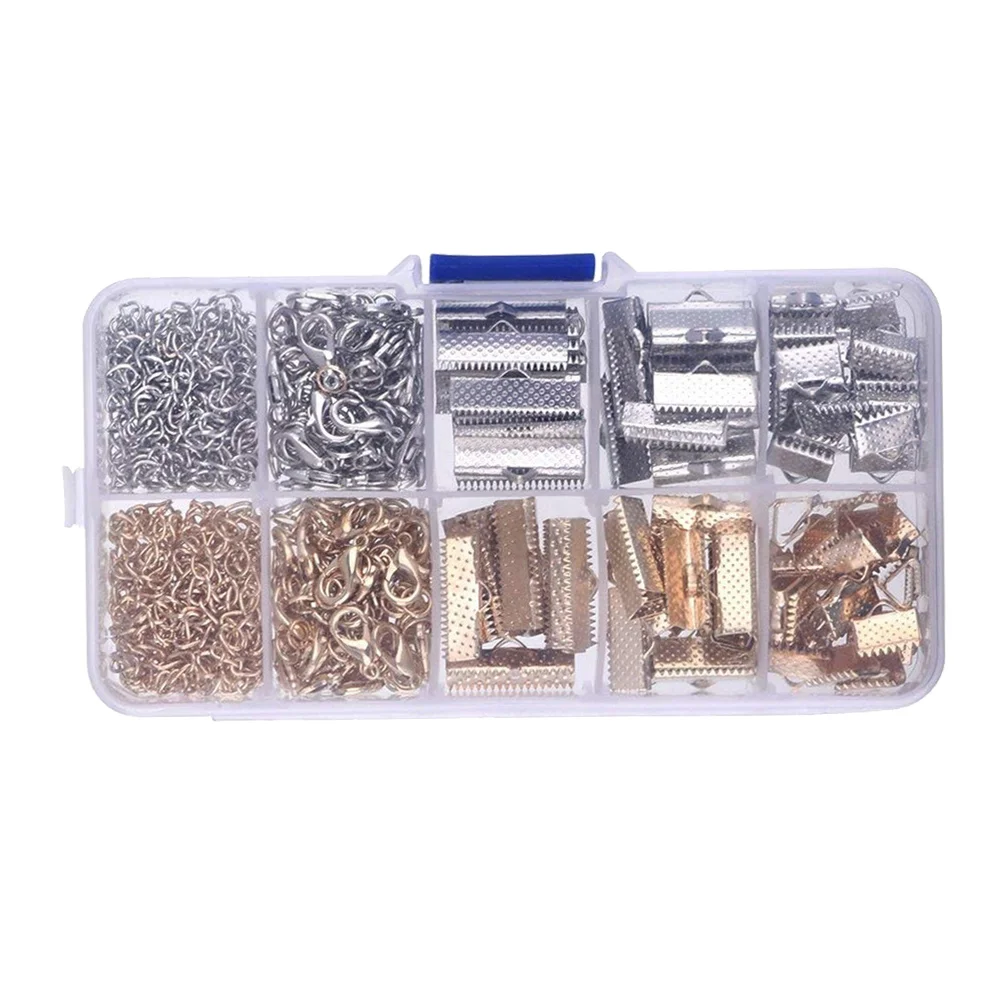 

370 Pcs Zipper Clips Cord Ends Extension Chain Plated Ribbon Textured Crimp Clamps Fastener Clasps