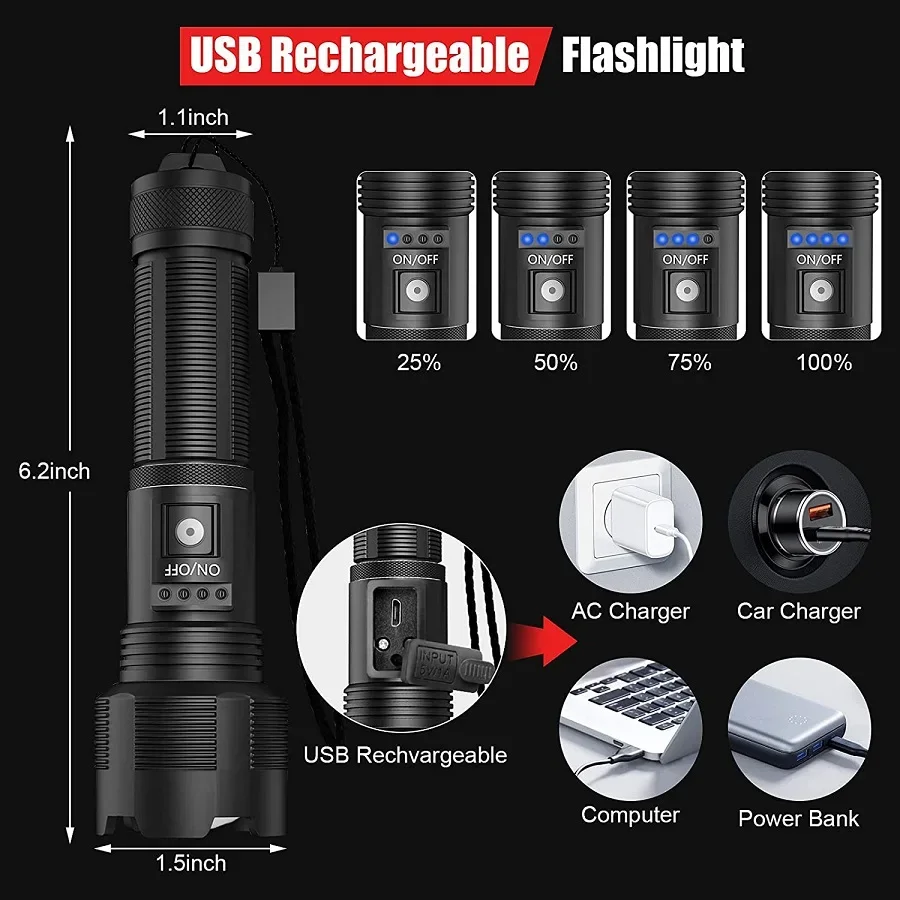 Lampe de poche LED aste super lumineuse, torche de chasse, lanterne zoomable USB, batterie 18650, haute qualité, Pteuse 2, P50