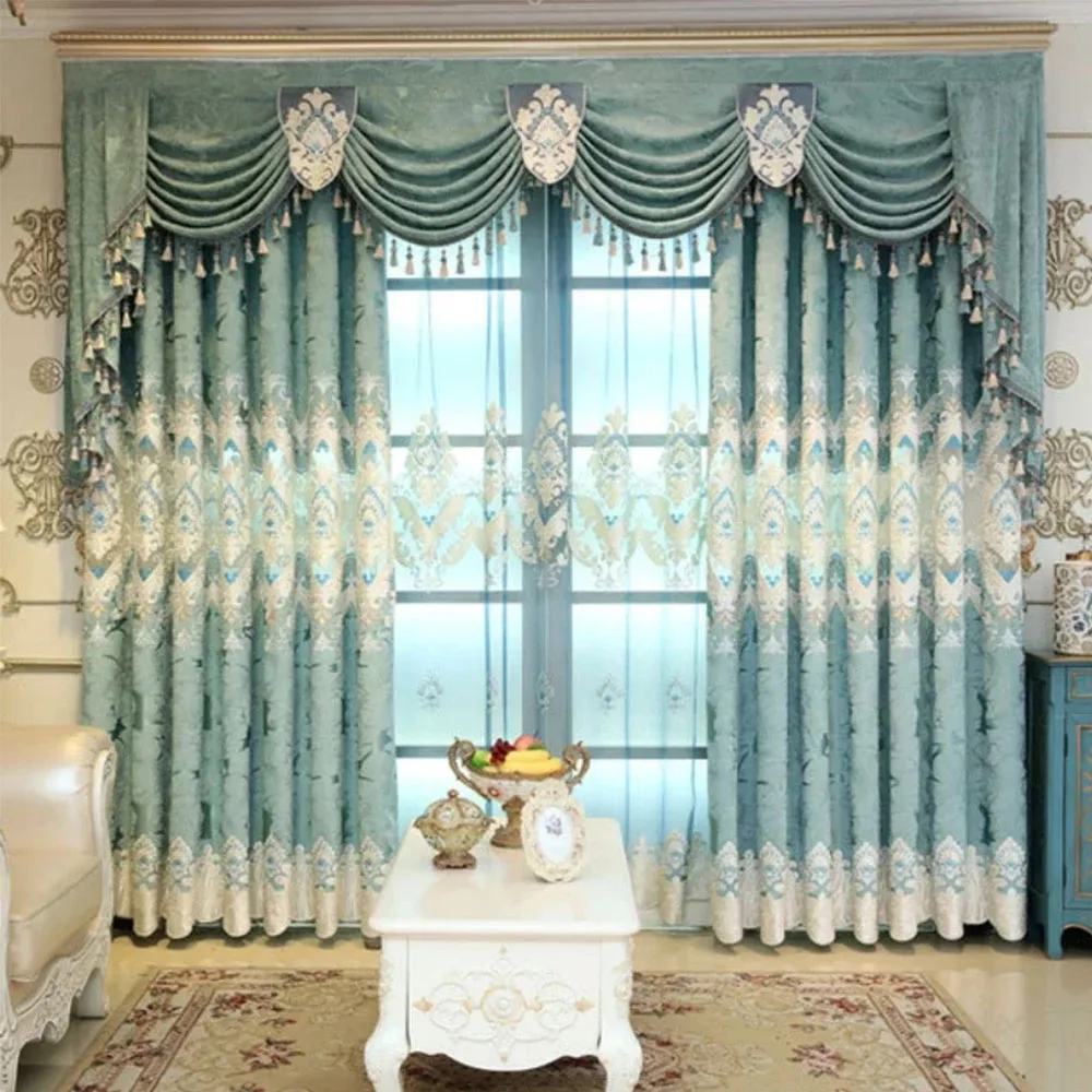 European Green Chenille Hollow Embroidered Luxury Curtains for Living Room Dining Bedroom Blackout Valance Window Custom Tulle