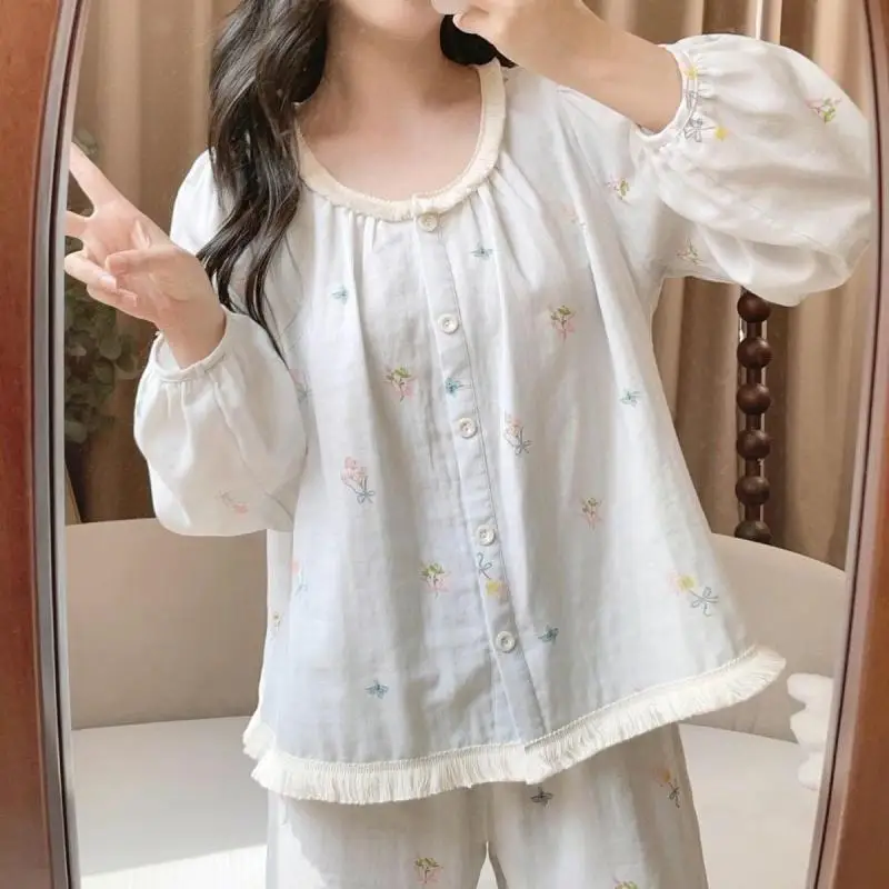 Women's Lotus Edge Sleeve Pants Home Clothes Set for Girls Spring Autumn New Style Cardigan Pajama Women's Soft Two Piece Set