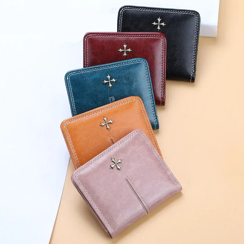 New Women Cute Short Three Fold Wallets Solid Vintage Money Clip Fashion Zipper Holders Wallet Female Multi-card Bit Coin Purse