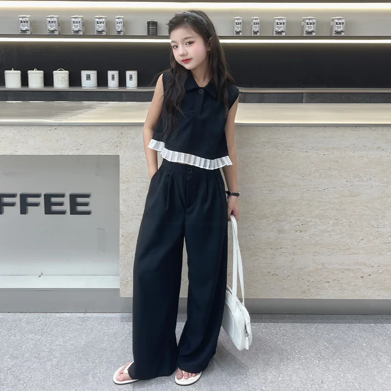 Girls Clothes Set Summer Fashion Ruffled Patchwork Sleeveless Top+Wide Leg Pants 2pcs Kids Clothing Suit Chic Children Tracksuit