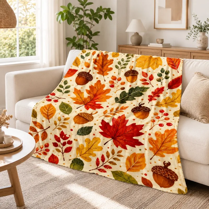 1pc Autumn Falling Leaf Theme Printed Blanket, Orange-Red Maple Leaves And Acorns Full Repeat Pattern, Rich Autumn Atmosphere Te