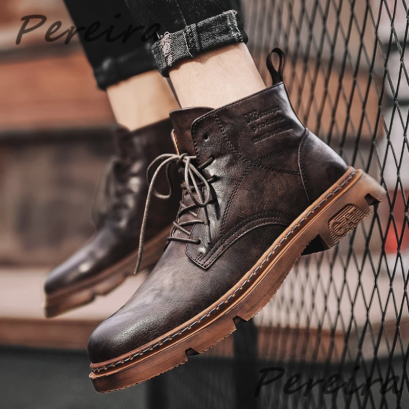 

British Style Platform Ankle Boots Vintage Leather Chelsea Boots Fashion Lace Up Comfortable Outdoor Walking Casual Men's Shoes