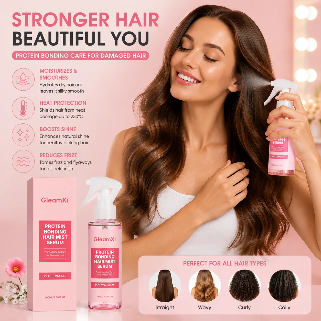 Gleamxi Protein Bonding Hair Mist Heat Protection Damaged Hair Repair Anti Frizzy Leave-In Heat Protector Spray Hair Care 100ml
