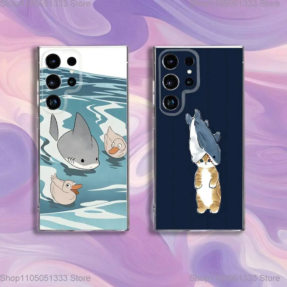 

Cute Cartoon Blue Shark Phone Case For Samsung S24,30,21,22,23,20 FE,lite,PIus,Ultra,5G,Note,9,10 Transparent Cover