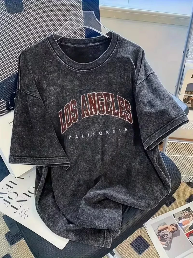 Herren Damen Retro Washed T-Shirt Vintage Los Angeles Varsity Text Grafikdruck Oversized Unisex Street Style Kurzarm-T-Shirt Top – Detail 4