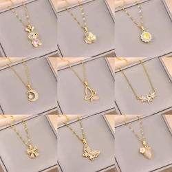 Trendy 18K Gold Plated Zircon Crystal Pendant Stainless Steel Necklace For Women Female Clavicle Chain Jewelry Lady Accessories