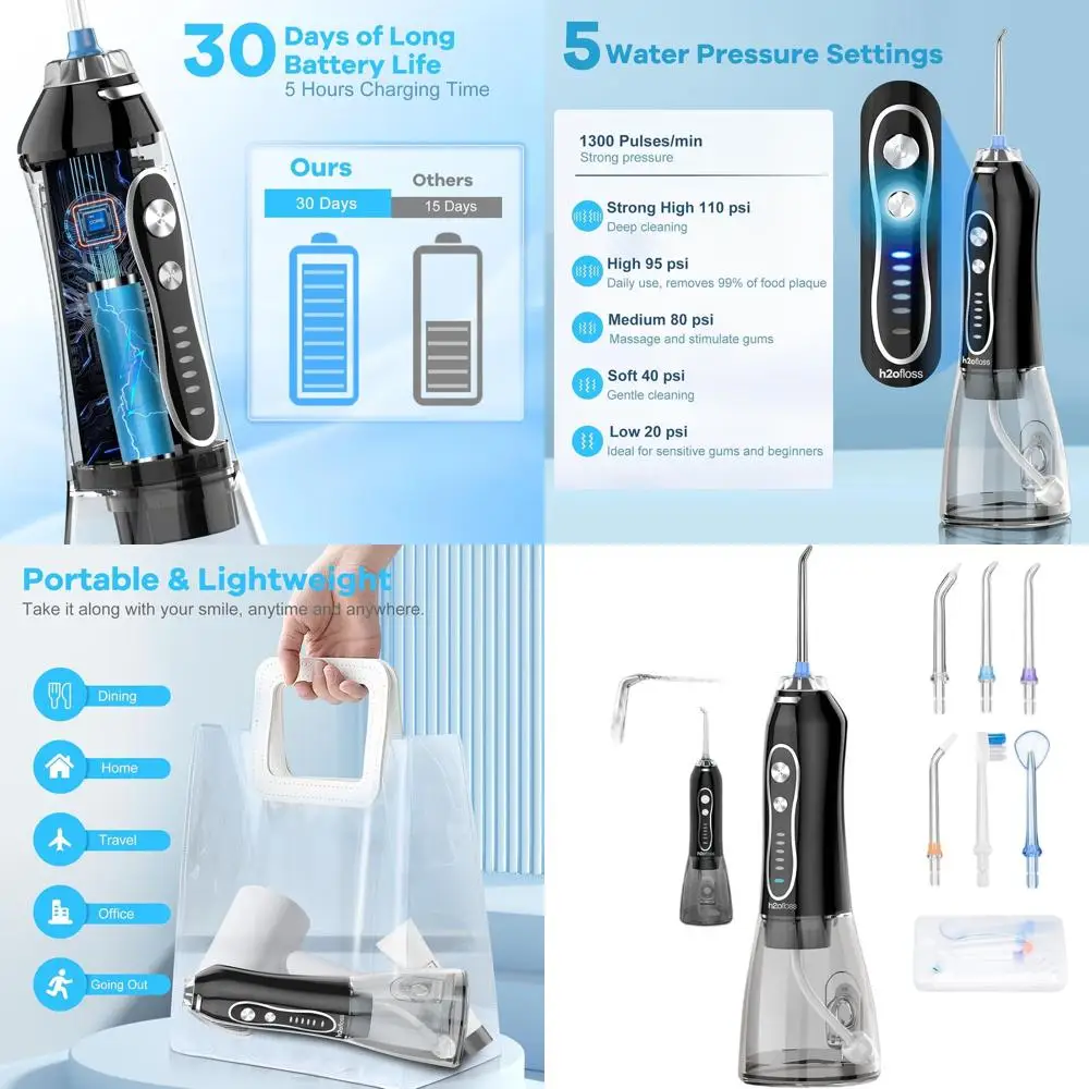 

Портативный перезаряжаемый ирригатор для полости рта - 5 режимов, водонепроницаемый (IPX7) с резервуаром на 300 мл для дома и путешествий