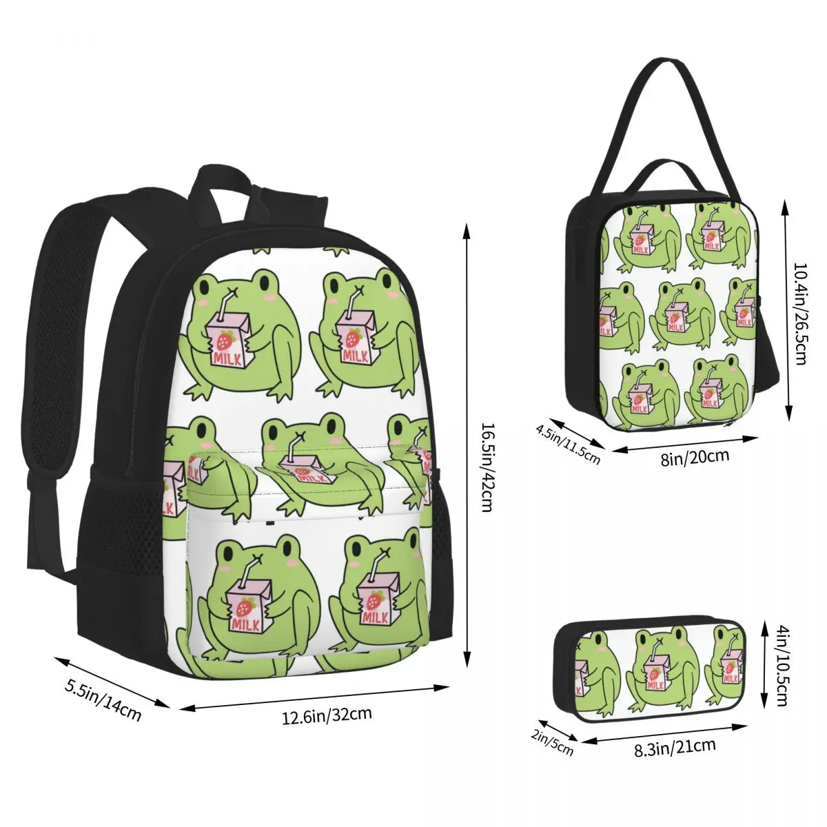Cute Strawberry Milk Frog Backpacks Children Bookbag School Bags Rucksack Lunch Bag Pen Bag Three-Piece Set