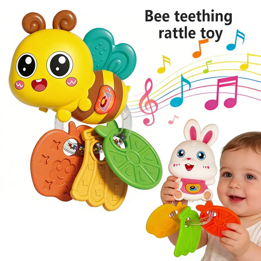Infant Musical Educational Teethers and Rattles for Boys and Girls, to Chew and Play, colorful cartoon designs