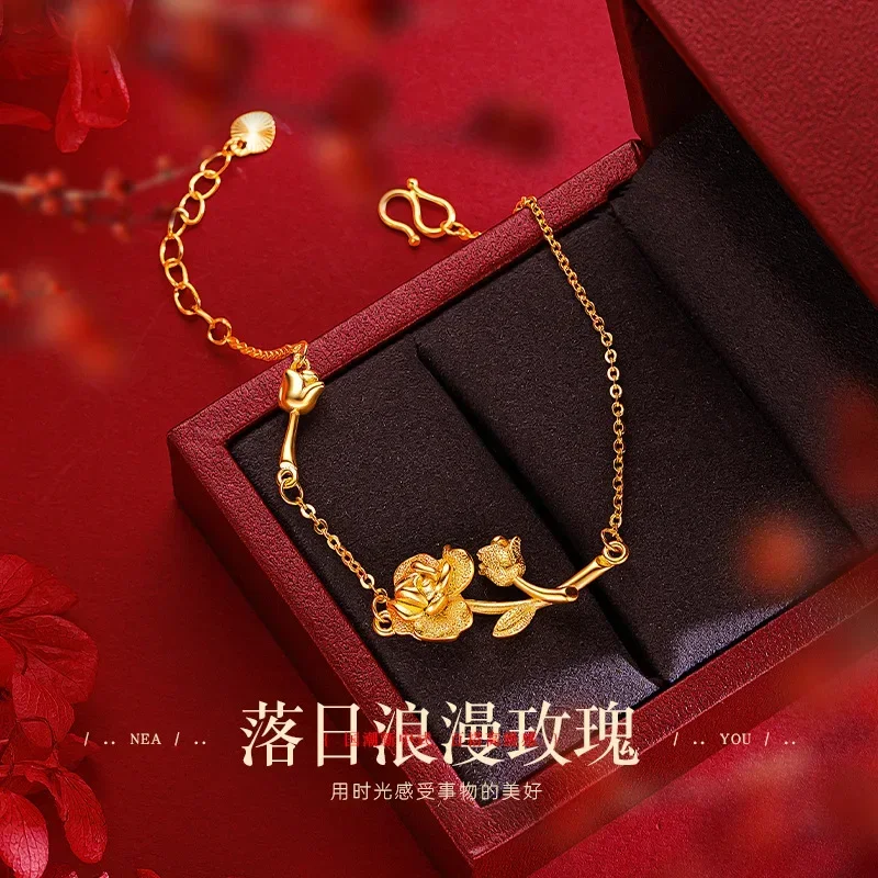 

9999 Real Gold 24K Niche Premium Sunset Rose Bracelet Gold Romantic Rose Women's Bracelet