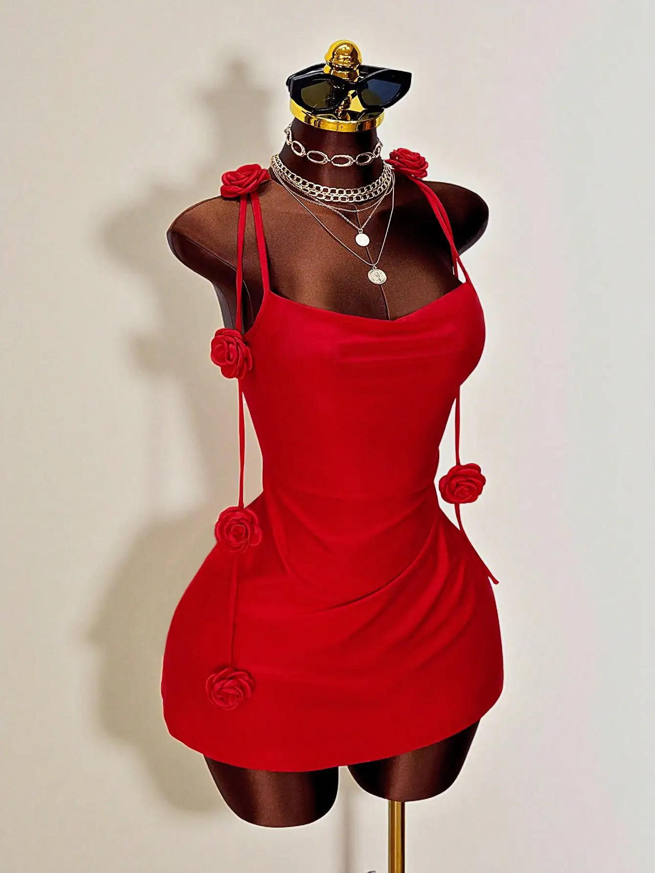 Red 3D Rose Embellished Halter Mini Dress, Slim Fit Backless with Drawstring Straps