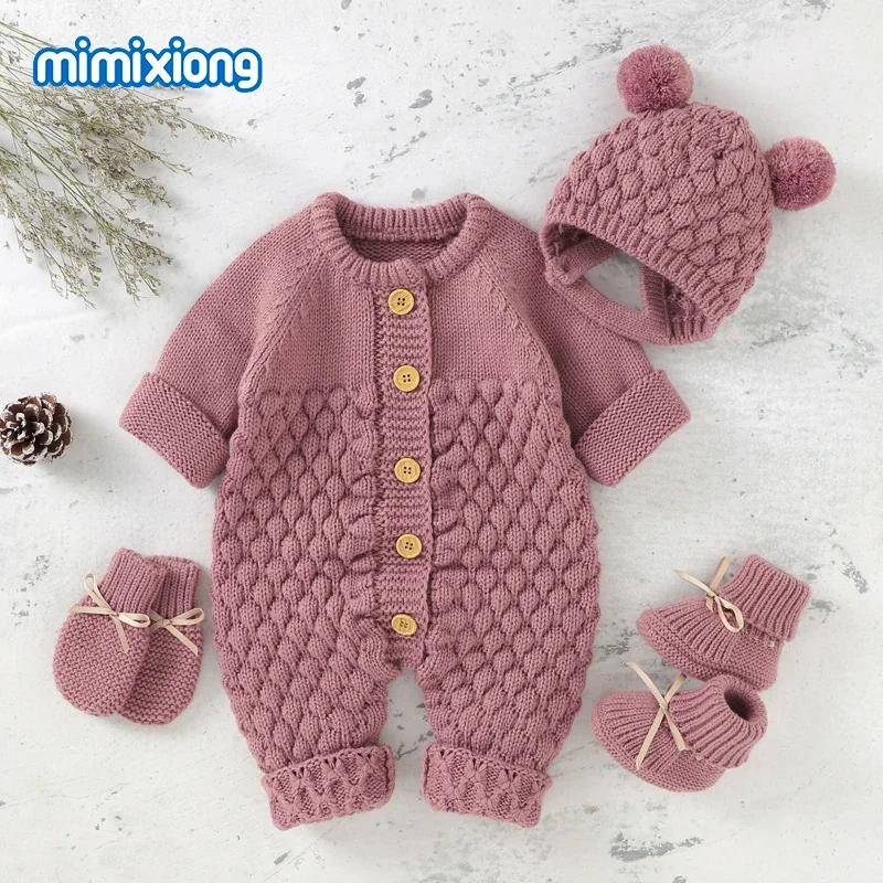 Girl Boy Knitted Jumpsuits Outfits Autumn Winter Long Sleeve Baby Rompers Caps Clothes Sets Newborn Toddler Infant Overalls 2pcs