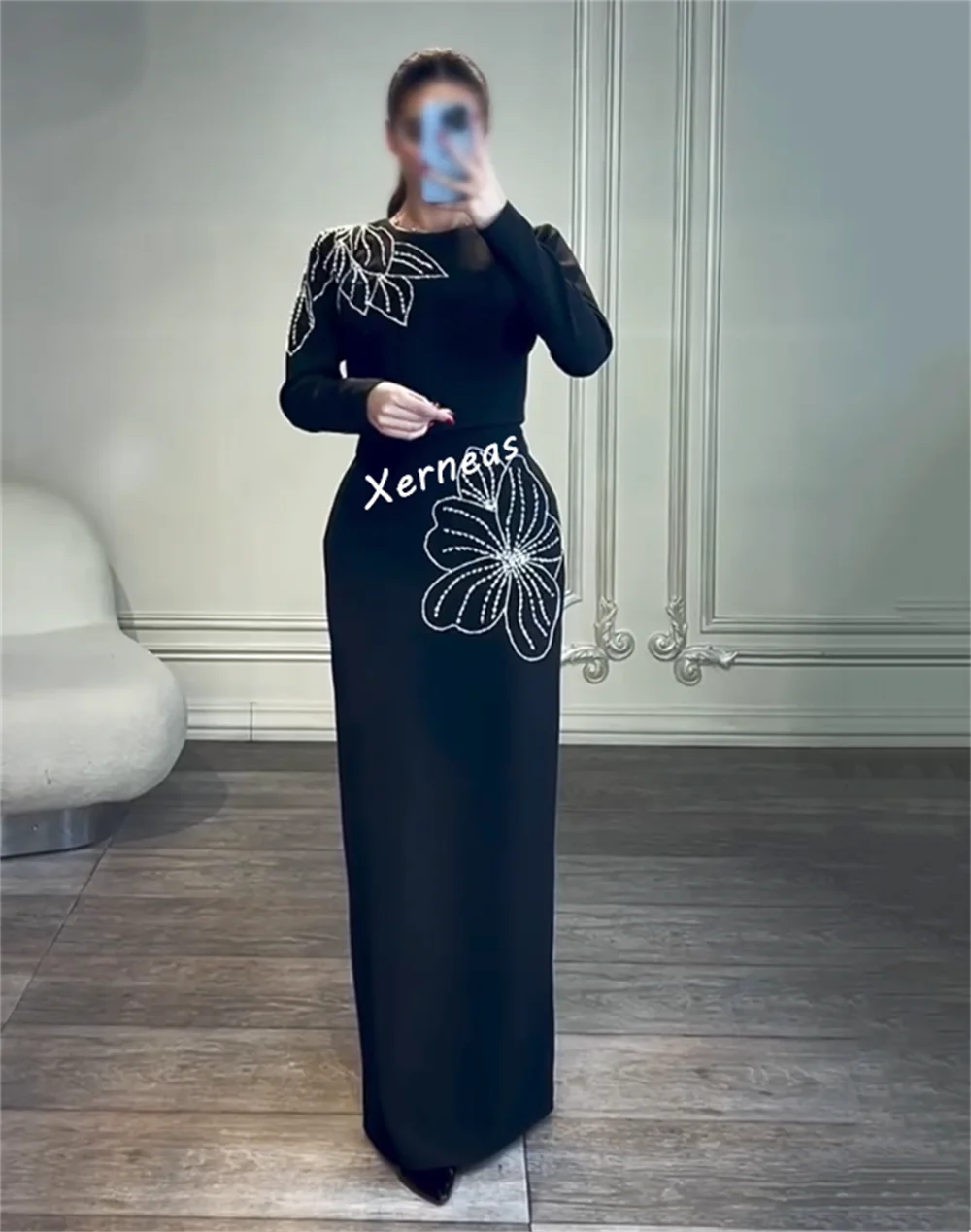 カスタマイズされたクラシックなイブニングドレス グリッターパターン Oネック ストレートロングドレス オーダーメイドの機会 エレガントなパーティー 結婚式