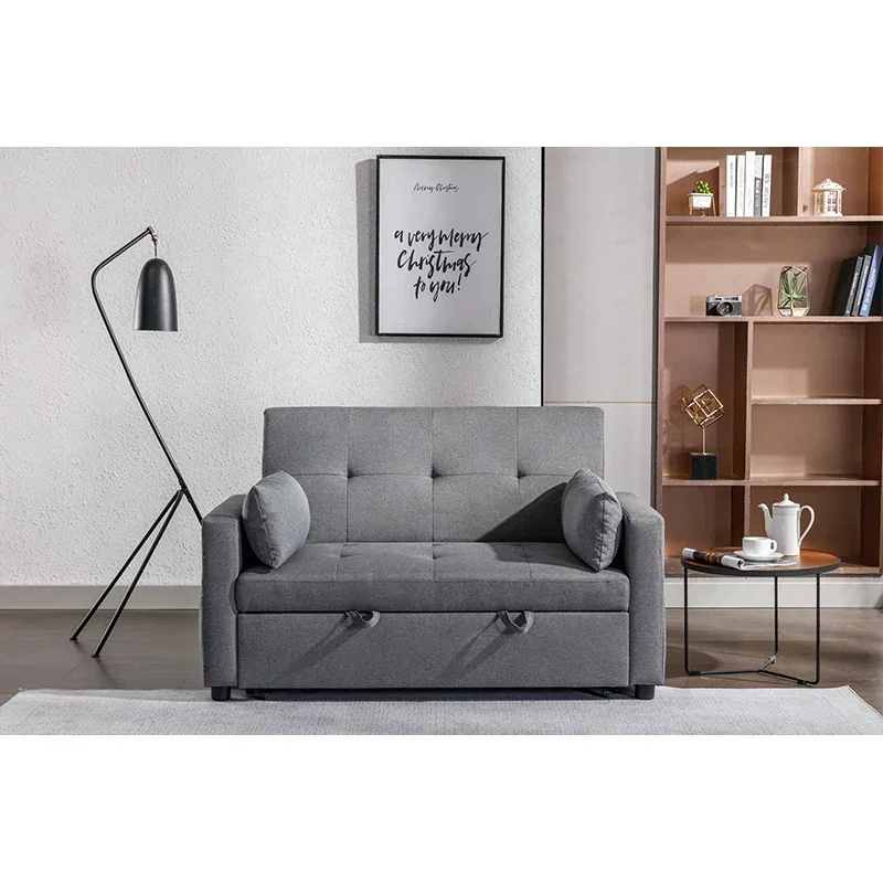 2 Seaters Slepper Sofa Bed.Dark Grey Linen Fabric 3-in-1 Convertible Sleeper Loveseat with Side Pocket.