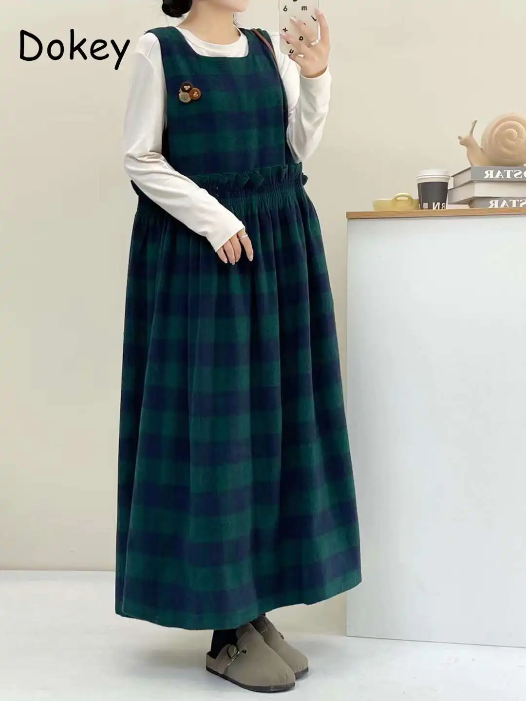 Japanese Mori Girl Green Plaid Vest Dress Women Vintage O-neck Sleeveless Loose Cotton Pullover Tank Dress Female Casual Vestido