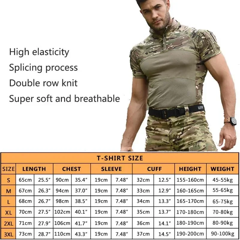 Outdoor Men T-Shirts Tactical Shirt 1/4 Zipper Short Camo TrainingTee Combat Shirts Paintball Hunting Clothing Wear-resistant