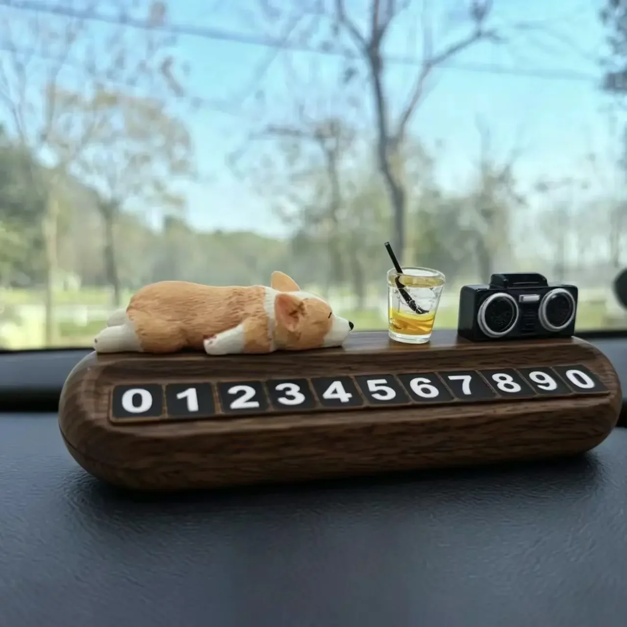 1pc  Cute Corgi Parking Sign, Wood Grain Car Dashboard Number Plate, Temporary Phone Number Holder, Auto Interior Decor Gift
