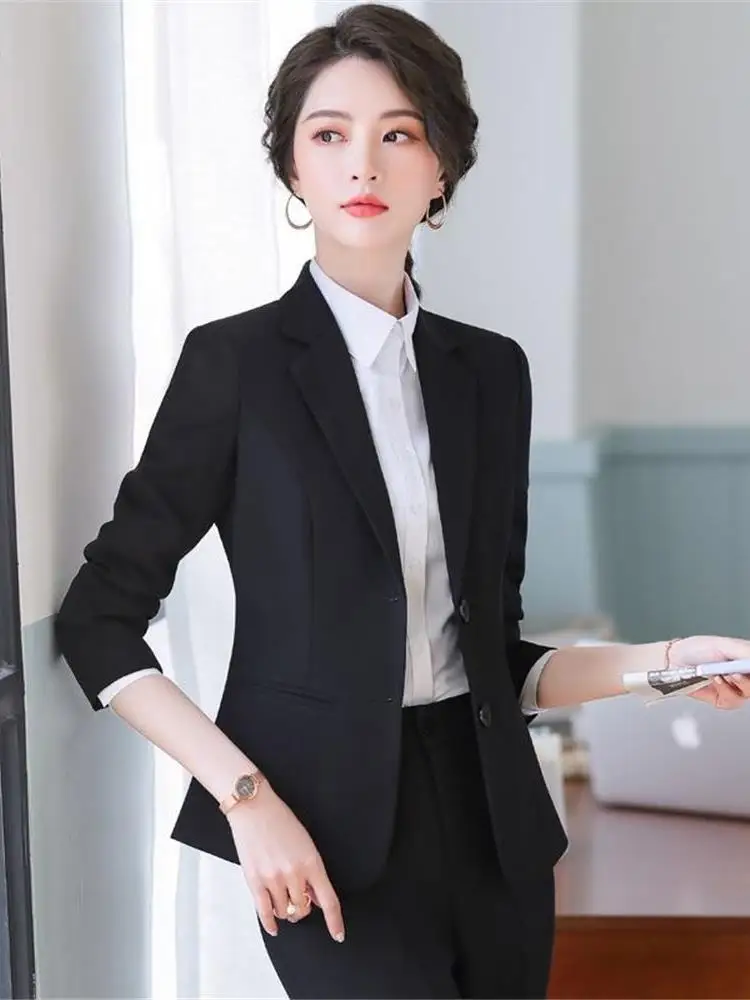 Setelan Wanita Ele, Pakaian Kerja Profesional, Musim Semi Gugur, Model Cleanfit, Lengan Panjang, Kancing Tunggal, Pakaian Kantor