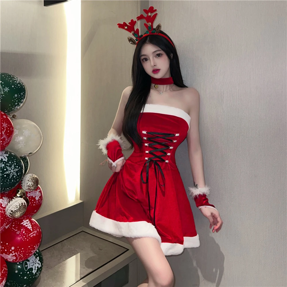 Disfraz de Cosplay de Navidad para mujer, vestido de terciopelo de Santa, vendaje Kawaii, ropa de Club para fiesta de año nuevo, Halloween y Navidad