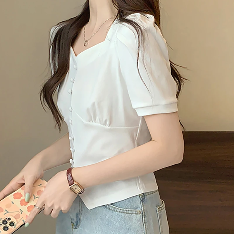 Puff Sleeve T Shirt Women Solid Elegant Sweet Preppy Lovely Button Tees Korean Fashion Clothing Summer Square Collar Crop Tops