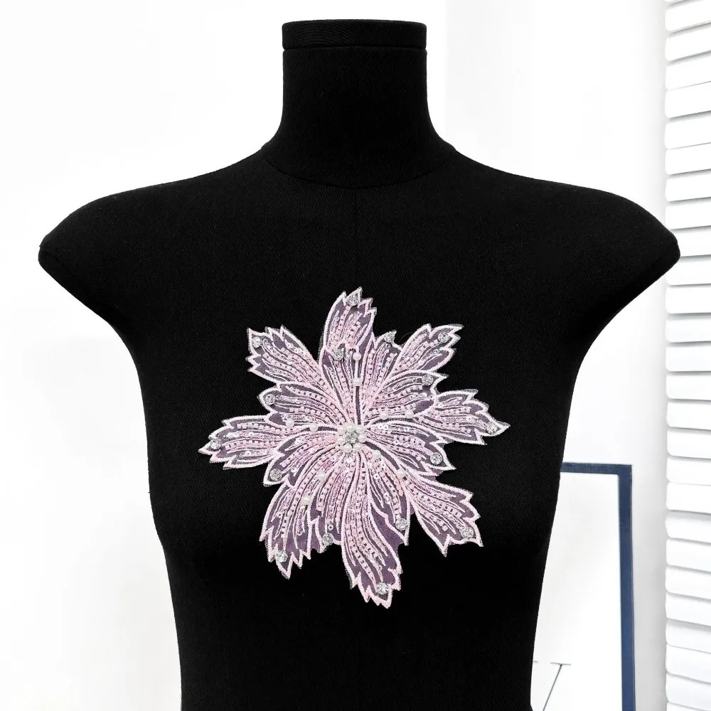 Colorful Beaded Flower Applique Heavy-duty Beaded Organza Clothing Fabric Patches Sewing Material Dress Decoration