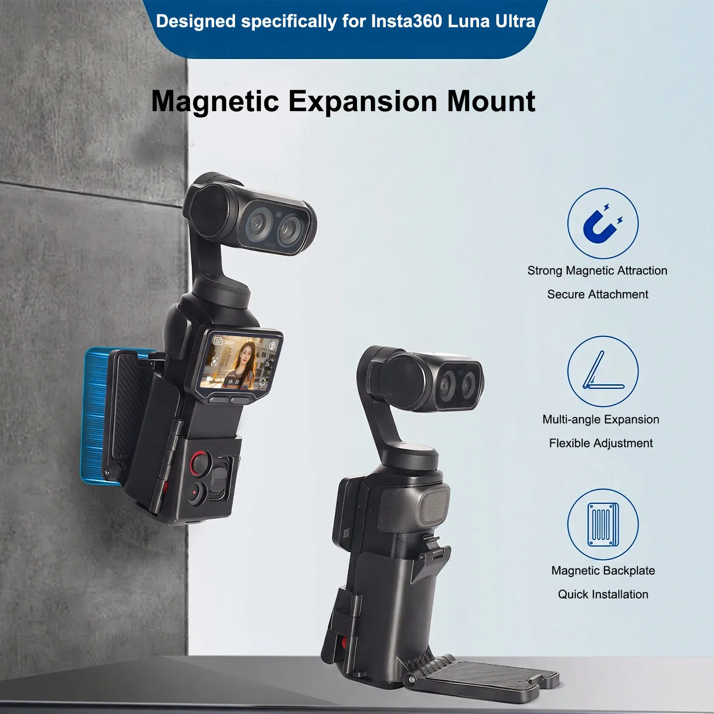 Magnetic Mount Stand for Insta360 Luna Ultra Lightweight ABS Built in 6 Magnets Foldable Desktop Base Multi Angle Adjustment