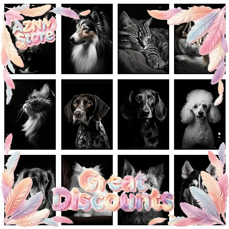 Black and White Dog Cat Poster Pet French Bulldog Dachshund Portrait Print Canvas Painting Wall Art Picture for Home Room Dec