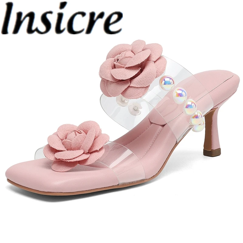 

Insicre/2020 милые женские сандалии с цветочным принтом, ПВХ, с квадратным носком, на тонком высоком каблуке, летняя обувь ручной работы, тапочки с бусинами