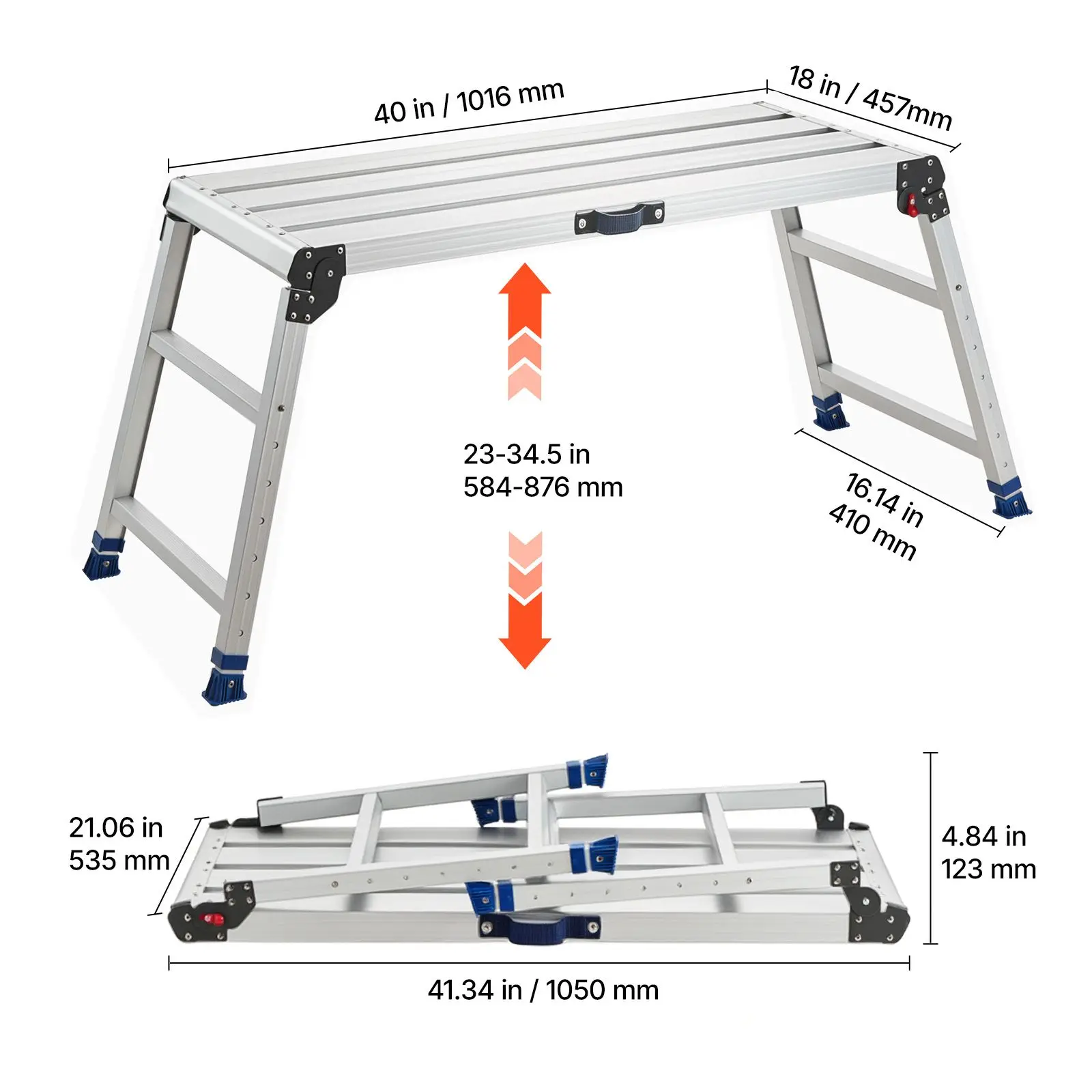 Folding Work Platform, Adjustable Height 23-34.5 in, 40 x 18 in Aluminum Step Stool, 500 lbs Load Capacity, Heavy Duty Non-Slip Platform Ladder, Portable Work Bench for Painting, Maintenance