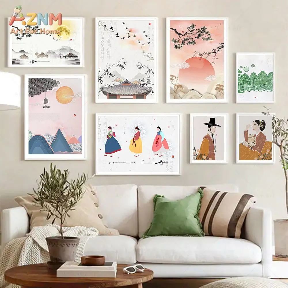 AZNM Korean Traditional Canvas Wall Art Hanbok Figure Mountain Moon Vintage Oriental Art Print Frameless Canvas Painting Living