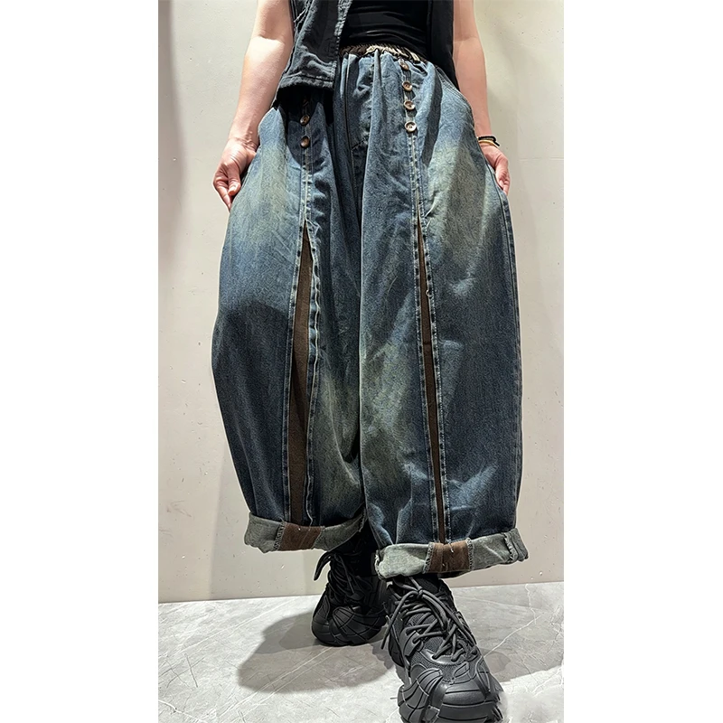 Amax LuluE Ladies Autumn Loose Wide Leg Pants Womens Classic Vintage Casual Denim Trousers Fashion Elastic Waist British Jeans
