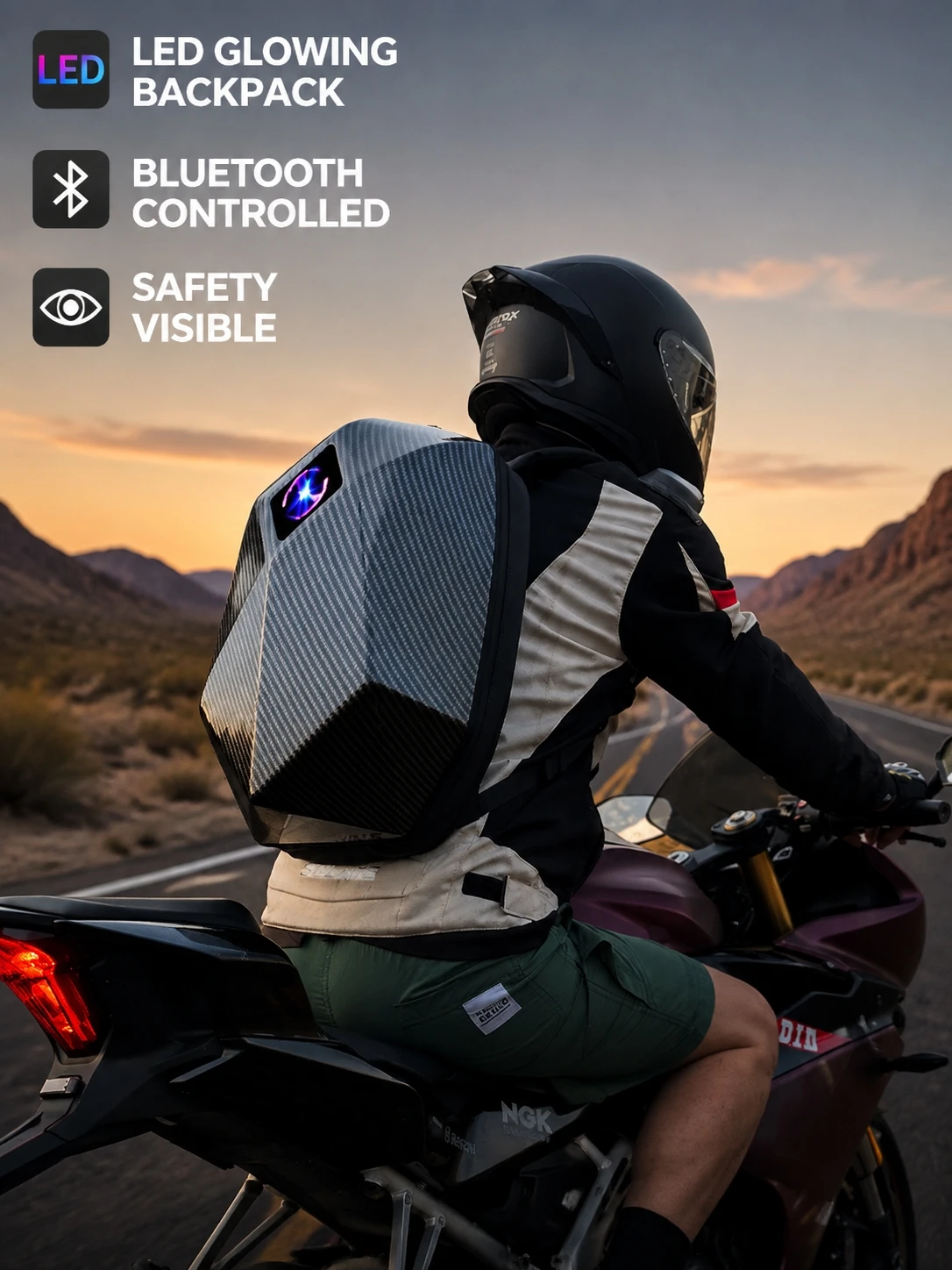 LED Bluetooth Motorcycle Helmet Backpack, Customizable Light Display Hard Shell Rucksack, Waterproof Moto Rider Travel Bag