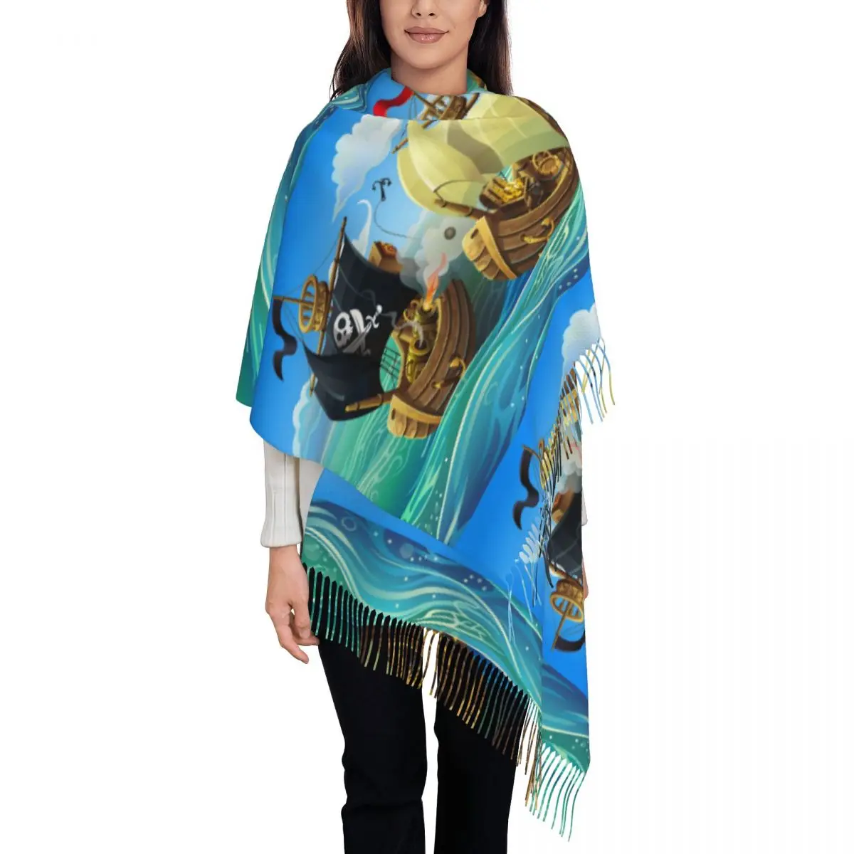 

Women Scarf Wooden Pirates Ships Attacks Merchant Ship Winter Shawls Thin Wrap Lady Tassel Warm Scarves Hairy Bufanda Stole