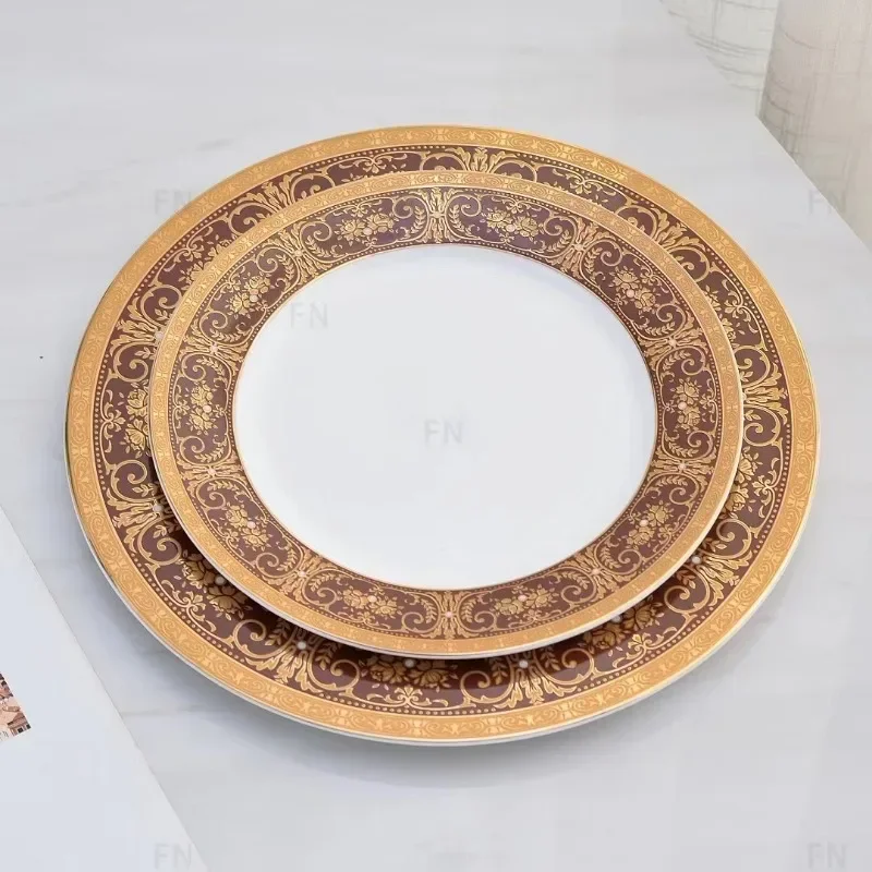 

European Style Embossed Gold Edged Ceramic Dining Plates, Kitchen Utensils, Dish Plates, Stamps, High-end Creative Tableware