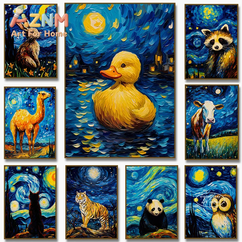 1pc framless Canvas Painting Owl Panda Raccoon Cow Tiger Cat Duck Starry Night Van Gogh Canvas Painting Abstract Posters Print W