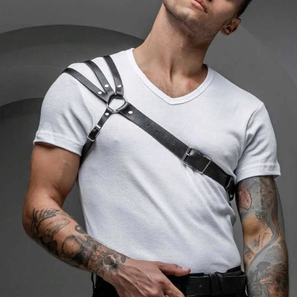 One Shoulder Men\'s Harness PU Leather Gay Men Chest Harness Bondage Black Leather Men Accessories Upper Erotic Body Men Harness