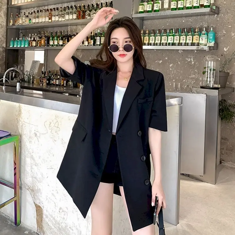 Oversized Blazer Women Mid-length Short Sleeve Suit Jacket Summer Trend Loose Thin Coats Casual  Blazers Fashion Design Jackets