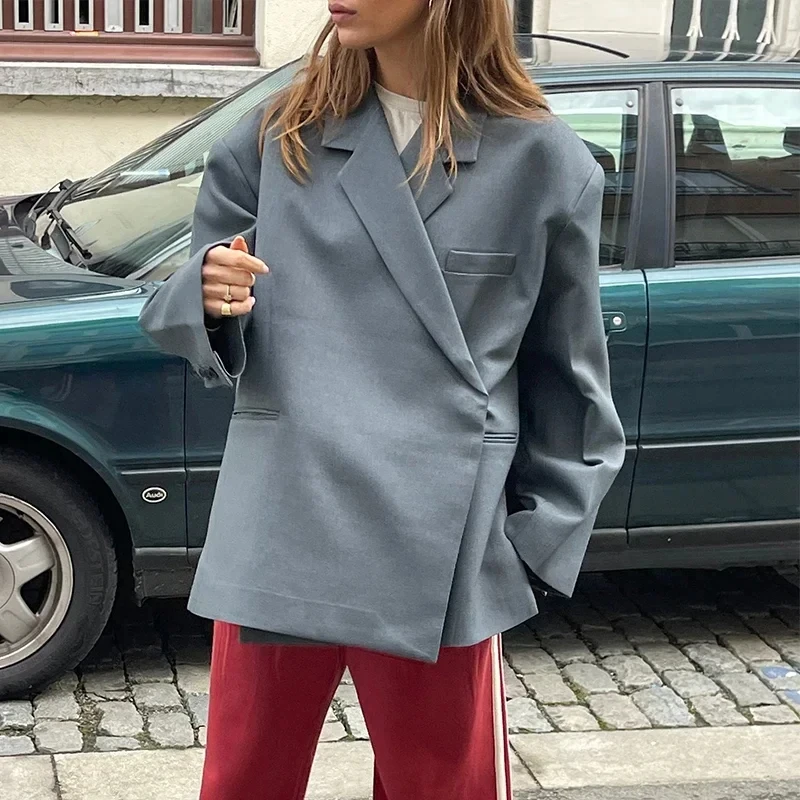 Loose Slanted Placket Suit Jacket Women Autumn Oversize Solid Suits Coat Female Elegant Casual Hidden Button Lapel Slit Coats