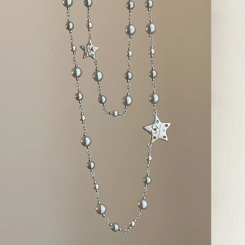 

Minar Classic Gray Imitaiton Pearl Colorful CZ Cubic Zirconia Star Pendant Necklaces for Women Long Double Layered Sweater Chain