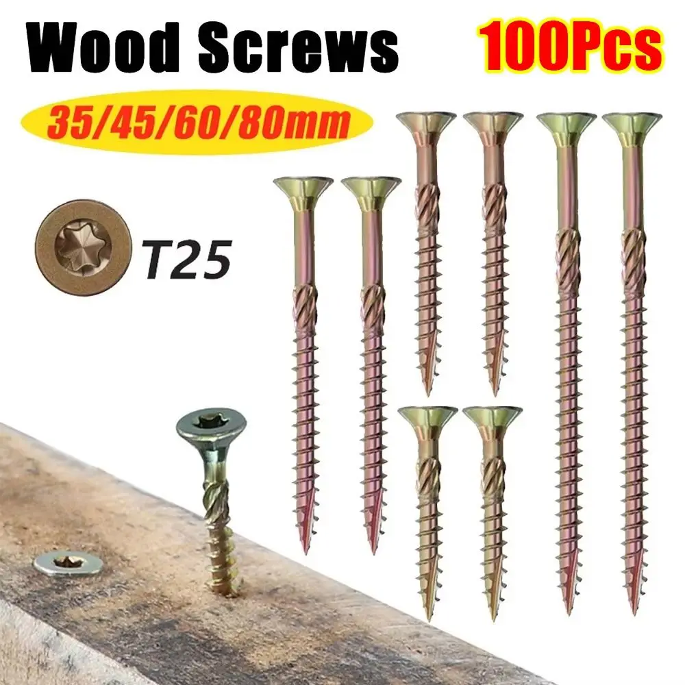 100Pcs/Pack New 35mm 45mm 60mm 80mm Self-tapping Screw M5 Flat Head Galvanized T25 Screws Torx Woodworking Screws Hardware Tools