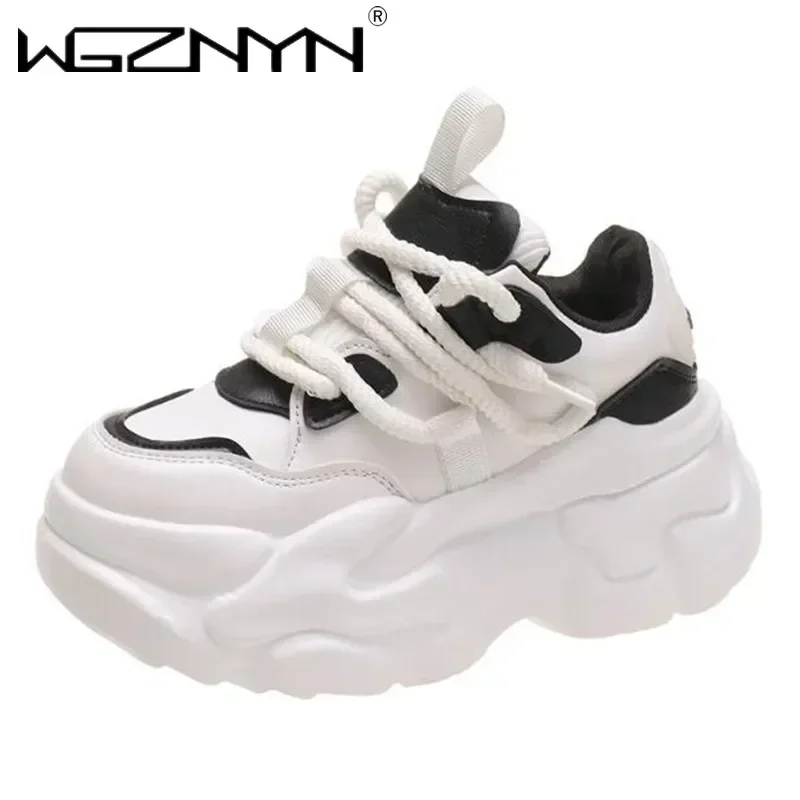 NEW 2025 Women High Platform Casual Leather Shoe Autumn Chunky Sneakers 7CM Wedges Hidden Heels Leisure Shoes Woman Plus Size 43